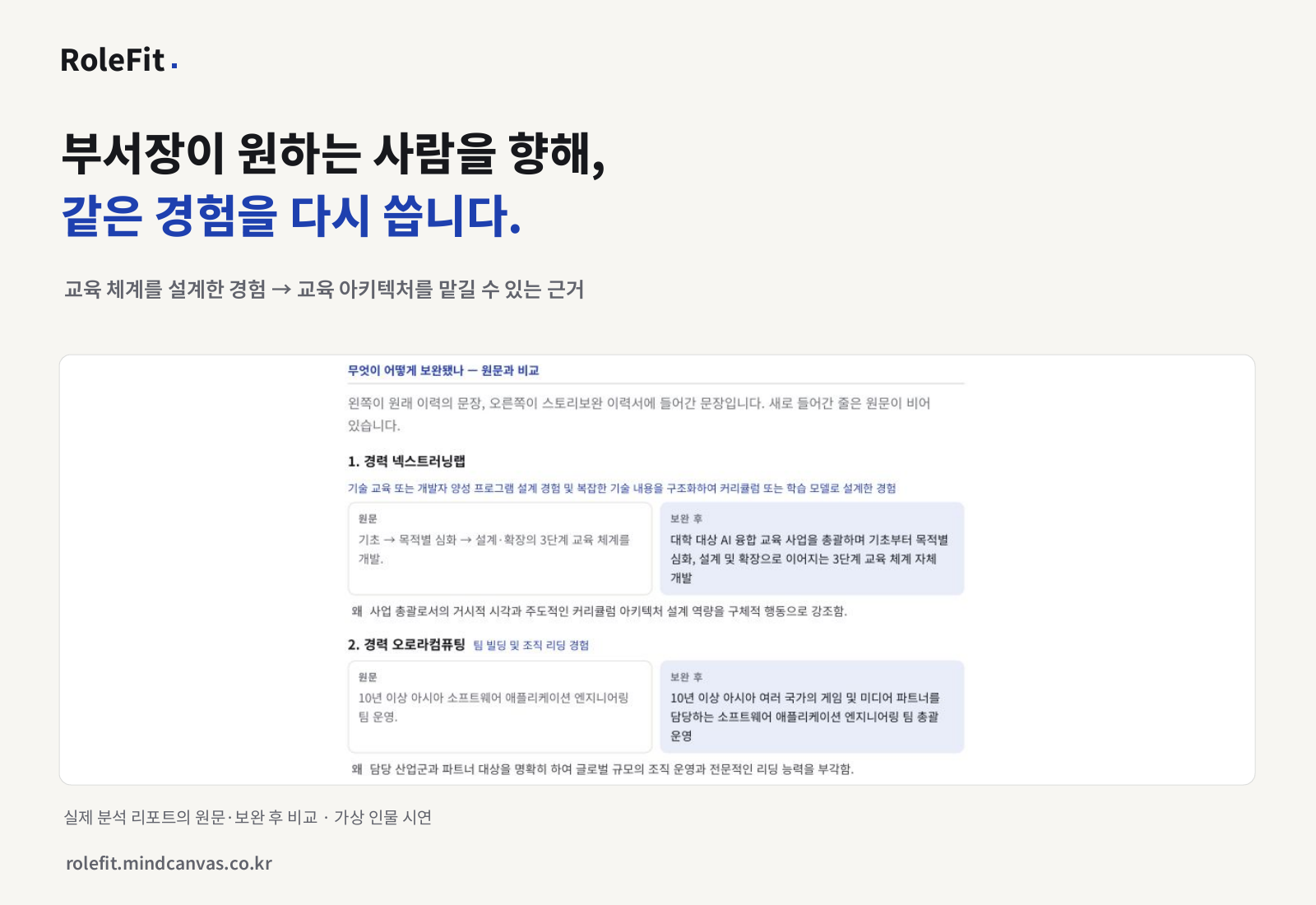 실제 RoleFit 리포트에서 원문의 3단계 교육 체계 개발 경험을 보완하고, 커리큘럼 설계 역량을 강조한 이유를 설명하는 비교 화면