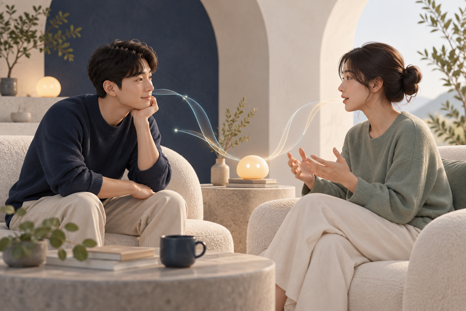 감성·관계의 탐구를 표현한 AI 생성 일러스트: 서로의 이야기를 듣는 두 사람과 작은 빛의 동반자