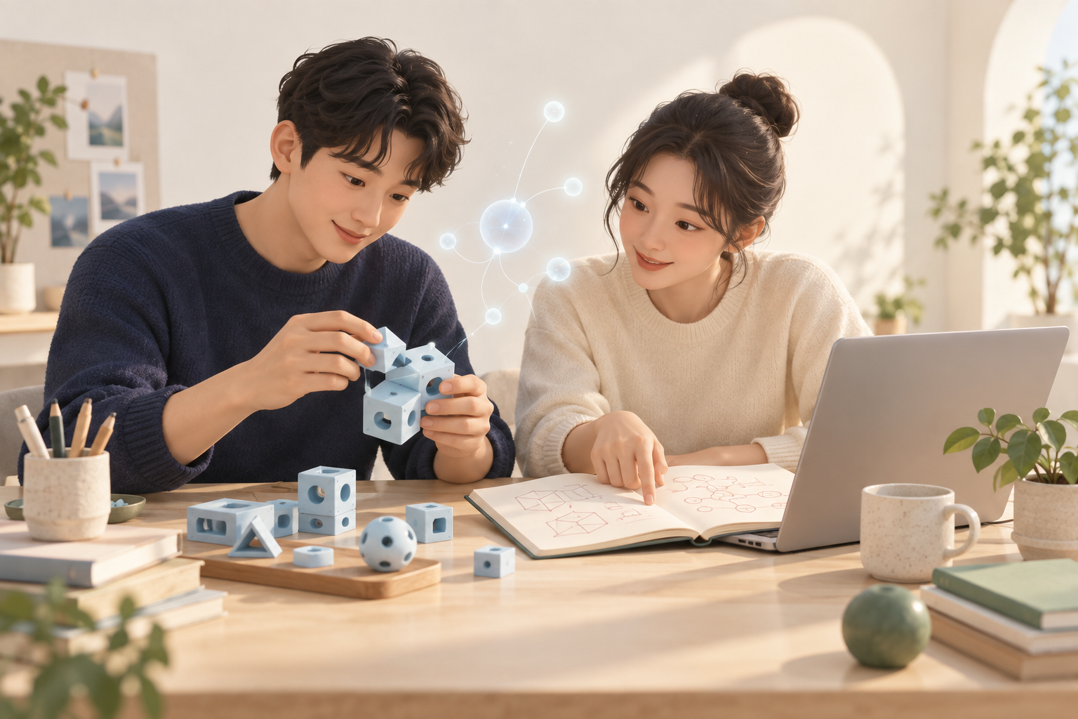 교육의 실천을 표현한 AI 생성 일러스트: 함께 배우고 직접 프로젝트를 만드는 두 사람